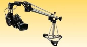A camera crane holding a professional video camera